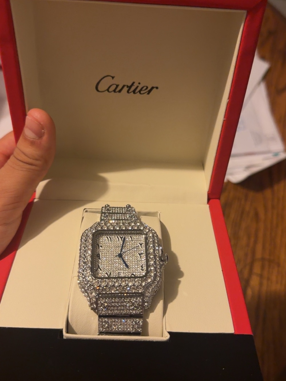 Cartier Silver Pavé Crystal Bracelet Watch with Blue Hands